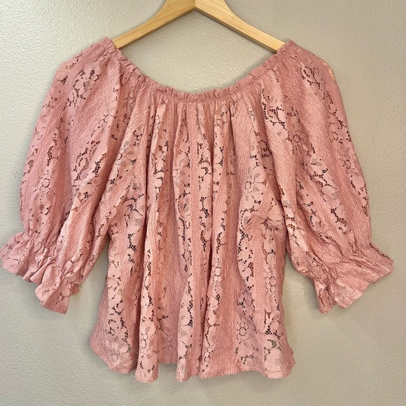 NEW Free People Stacey Lace Blush Tint Puff Sleeve Top Blouse Cropped Flowy - Picture 5 of 11